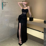 2025 Seaside vacation dress desert photo travel thin black tube top dress sexy split suspender dress