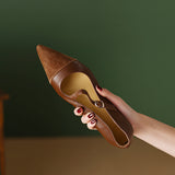 greatnfb Retro Brown Pointed Toe Pumps Women's Soft Leather  New Flat Heel Low-Cut Pumps Buckle  Flat Shoes