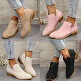 GREATBFB Cross-Border Foreign Trade plus Size British Style Bootie Women's Pointed Toe Chunky Heel Back Zipper Suede Low Heel Shoes Martin Boots