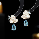 2025 Designer niche high-end s925 silver needle earrings, sweet and fresh temperament dripping oil camellia water drop earrings