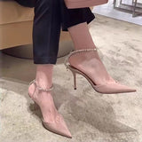 Women's Buckle Closed Toe Sandals,  Summer New Chain Rhinestone Nude Sexy Pointed High Heels