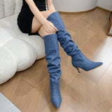 GREATNFB Denim Pleated British Style Martin Boots Women's Retro Cowboy Boot Stiletto Heel Pointed Toe Pile Style Boots Sleeve Fashion Boots