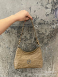 Grotto Same Style Gender-Free Black Stone Hobo Vegetable Tanned Pleated Leather All-Match Shoulder Crossbody Soft Bag