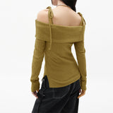 GREATNFB 2025 AC442 one-word collar off-shoulder long-sleeved knitted sweater for women's new split-ended design, Spice Girl, Popular style slim top for women