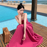 2025 Rose red suspender dress children's summer 2025 new coffee break  waist thin seaside vacation dress