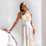 Popular trade  popular summer slim and thin waist V-neck suspender printing medium and long dress women