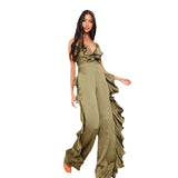 2025 women's onesie deep V suspender wide-leg jumpsuit  ruffle edge satin backless jumpsuit women