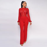 Hot trade women's high-necked lace crochet jumpsuit Wish fashion solid color chiffon long-sleeved high-waisted jumpsuit