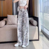 greatnfb Ink Painting Tie-Dyed Ice Silk Wide-Leg Pants Women's Summer Thin High Waist Drooping Slimming National Style Plate Buckle Narrow Version Straight-Leg Pants