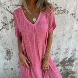 GREATNFB  New  Independent Station Leisure Spring and Summer Loose Dress Short Sleeve V-neck Solid Color Cotton and Linen Dress