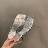 Women's Sandals  Summer New Fashion Refined Slippers Mid-Heel Outdoor Transparent Crystal High Heel Slip-on Slippers