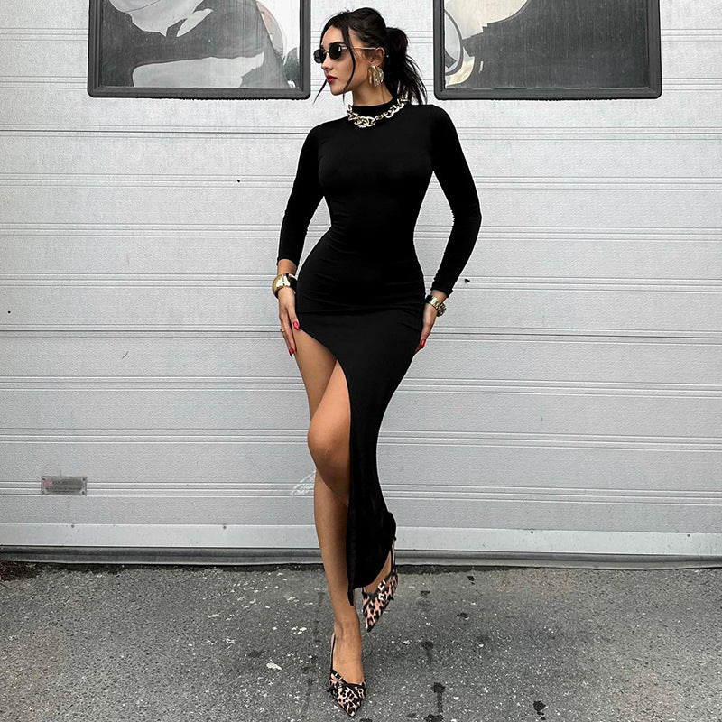GREATNFB H24DS218 2025 women's clothing cross-border new sexy Spice Girl slim-fitting long-sleeved back hollow high split dress
