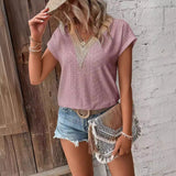 GREATNFB  In Stock   Summer Foreign Trade V-neck Lace Stitching Jacquard T-shirt Popular Loose Casual Women's Top