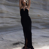 GREATNFB 2025 Elegant Slim Fit Cross-Strap Slit Dress Beach Vacation Long Beach Dress