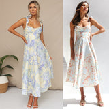 Popular trade  popular summer slim and thin waist V-neck suspender printing medium and long dress women