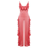 2025 women's onesie deep V suspender wide-leg jumpsuit  ruffle edge satin backless jumpsuit women
