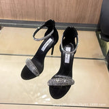 [In Stock] Black High Heels  New Stiletto Rhinestone One-Strap Elegant Lady High Heel Sandals