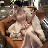 2025 temperament one-word shoulder lace tube top dress women's senior sexy pure desire backless birthday long skirt dress