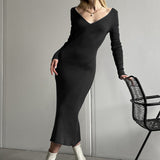 GREATNFB 2025 Knitted hip-wrapped dress front and rear V-neck pit strip sweater dress