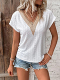 GREATNFB  In Stock   Summer Foreign Trade V-neck Lace Stitching Jacquard T-shirt Popular Loose Casual Women's Top