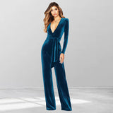 popular autumn and winter women's clothing Korean velvet long-sleeved wide-leg jumpsuit  solid color dark V jumpsuit wholesale