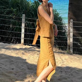 2025 summer casual style brown bow sleeveless top skirt two-piece set women