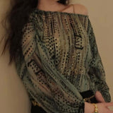 Heavy industry slightly transparent silk burning flower |  retro leopard print polka dot slanted shoulder air feeling loose top