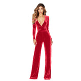 popular autumn and winter women's clothing Korean velvet long-sleeved wide-leg jumpsuit  solid color dark V jumpsuit wholesale