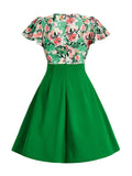 GREATNFB  Elegant Retro Spring and Summer Bow Flower Print Drawstring Ruffle Sleeve Dress