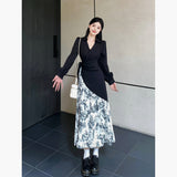 2025 Ink and wash splicing long-sleeved dress, thin design sense, waist length and short girlfriend model  new long skirt