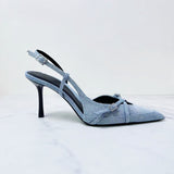 Za New  Spring and Summer Closed Toe Sexy Stiletto Heel Fashion Sandals Muller Shoes Denim Shallow Mouth Lace-up Hollow