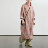 Original Chinese romantic floral cocoon ramie cheongsam, retro loose and clear robe dress L25060