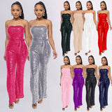 2025 INS style sleeveless sequined belt onesie Popular trade independent station solid color women's tube top backless jumpsuit