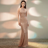 Foreign Trade Fishtail Evening Dress New Banquet Sexy Halter Shoulder Tassel Sequins Host Long Slim Toast Dress