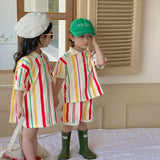 GREATNFB Siblings Costume South Korea Children's Striped Knitting Suit Girls' Polo Shirt Dress Boys' Short-Sleeved Shorts Suit