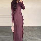 GREATNFB Autumn New Europe and America Cross Border  Cross-Border Solid Color round Neck Ruffled Long Temperament Jumpsuit Dress