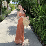 2025 This year, beautiful skirts are popular, white orange floral micro-fishtail suspender dresses, women's waist vacation dresses.