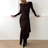 2025 New new  women's dress sexy round neck long-sleeved pleated streamer slim hip dress