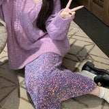2025 Sparkling sequined rear split skirt women's high waist and thin autumn and winter advanced straight skirt versatile small man