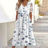 GREATNFB  wish  EBay Summer European and American Flower Printed V-neck Short Sleeve Large Swing Vacation Style Dress Women