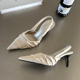 New Summer Pleated Small Sharp Point High Heel Shoes with Satin Closed Toe Sandals for Women Silver Dinner Party Shoes