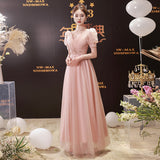 Lotus Root Pink Long Banquet Evening Dress Women's Summer Birthday Party Dress Dress Temperament Student Art Exam Performance Clothing