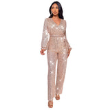 Hot trade women's fashion babes long-sleeved deep V jumpsuit  party sequined belt jumpsuit women's wholesale