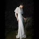 Light Wedding Dress New Spring Hepburn Pearl Puff Sleeve Dress Satin Fishtail Temperament Slimming Travel Shooting Wedding Dress