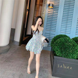 2023 Summer Floral Dress Women's Fresh V-neck New Temperament Waist-Controlled Sexy Strap Bubble Dress