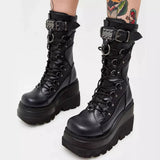 GREATBFB Cross-Border Wedge Knight Boots Female  New European and American plus Size Punk Handsome Platform Women's Mid Boots