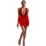 GREATNFB INS wind deep V backless sleeveless dress 2025 women's clothing polyester glossy sequined feather hip skirt wholesale