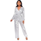 Hot trade women's fashion babes long-sleeved deep V jumpsuit  party sequined belt jumpsuit women's wholesale