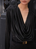 2025 popular new V-neck shirt design sense niche high sense temperament drape long sleeve black and white top