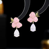 2025 Designer niche high-end s925 silver needle earrings, sweet and fresh temperament dripping oil camellia water drop earrings